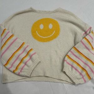 Smiley Face Cream Sweater with Pink and Orange Stripes